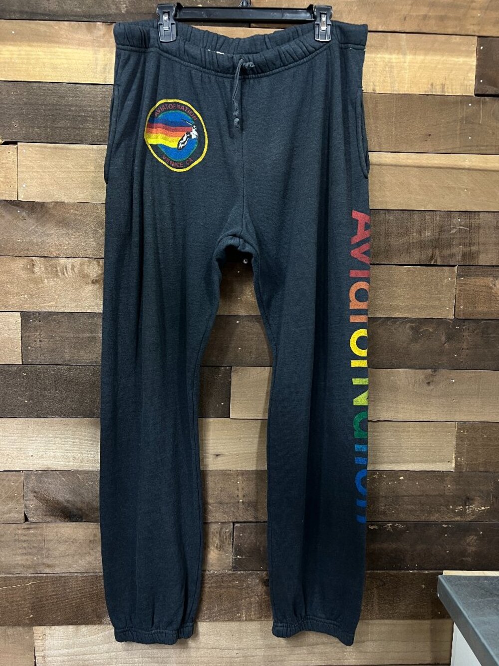 Aviator Nation Sweatpants Mens XL Gray Fleece Logo Joggers Rainbow Graphic USA